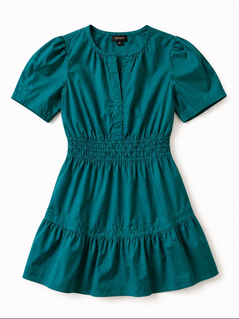 Quince Organic Cotton Teal Smocked Waist Mini Dress Puff Sleeve Tiered Women’s M
